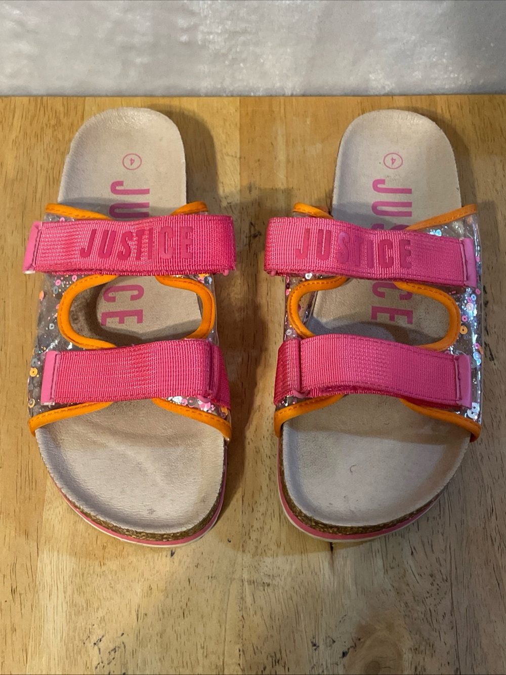 Justice Pink Sequin Strap Sandals with Orange Trim